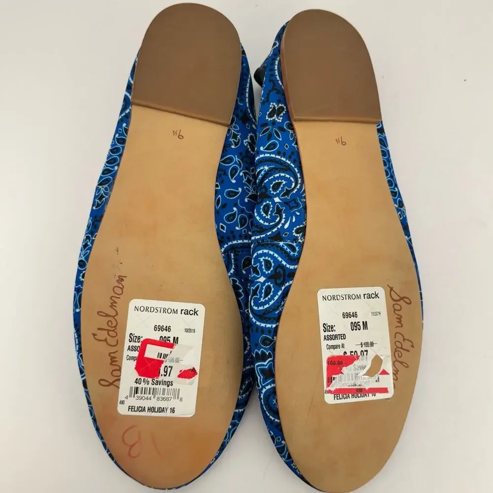 Sam Edelman Felicia Blue Paisley Fabric Leather Bow Ballet‎ Flats Sz 7.5